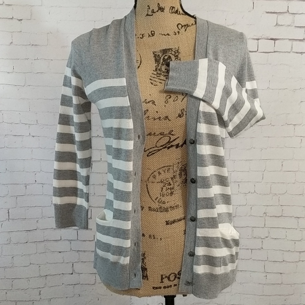 GAP Grey and White Striped Cardigan